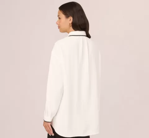 Adrianna Papell Long Sleeve Button Down Top With Embroidered Details In Ivory Black IVORY-BLACK Hot