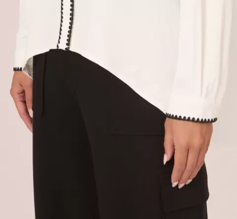 Adrianna Papell Long Sleeve Button Down Top With Embroidered Details In Ivory Black IVORY-BLACK Hot