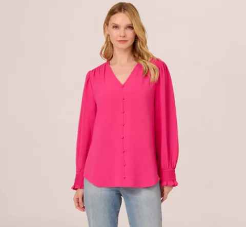Adrianna Papell Long Sleeve Covered Button Up Top With V Neck In Hot Pink HOTPINK Hot