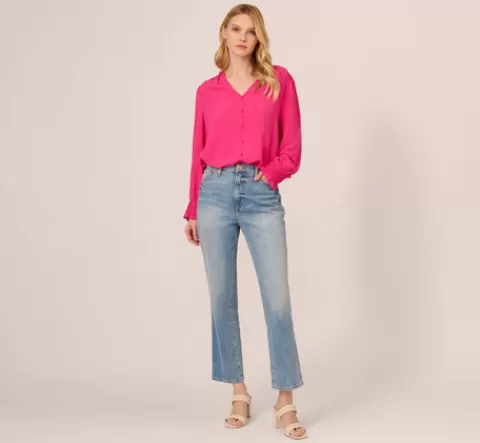 Adrianna Papell Long Sleeve Covered Button Up Top With V Neck In Hot Pink HOTPINK Hot