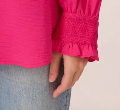 Adrianna Papell Long Sleeve Covered Button Up Top With V Neck In Hot Pink HOTPINK Hot