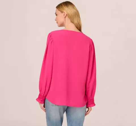 Adrianna Papell Long Sleeve Covered Button Up Top With V Neck In Hot Pink HOTPINK Hot