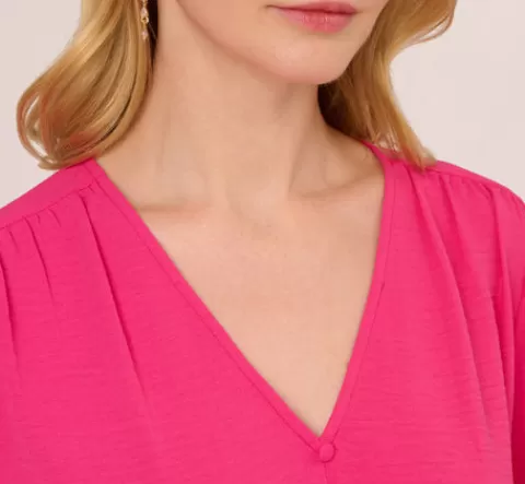 Adrianna Papell Long Sleeve Covered Button Up Top With V Neck In Hot Pink HOTPINK Hot