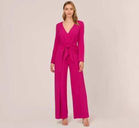 Adrianna Papell Long Sleeve Crepe Jumpsuit With Tie Front In Hot Orchid HOTORCHID Clearance