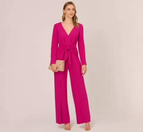 Adrianna Papell Long Sleeve Crepe Jumpsuit With Tie Front In Hot Orchid HOTORCHID Clearance