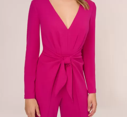 Adrianna Papell Long Sleeve Crepe Jumpsuit With Tie Front In Hot Orchid HOTORCHID Clearance