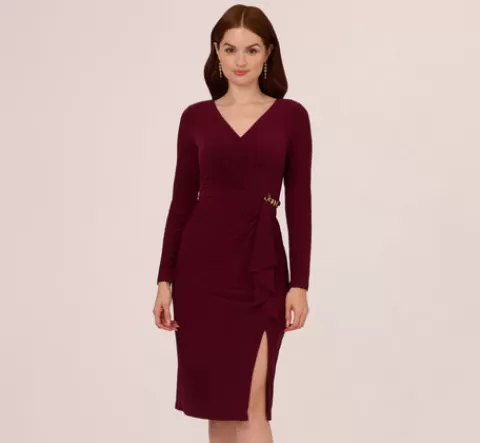 Adrianna Papell Long Sleeve Draped Jersey Dress With Chain Trim In Blackened Red BLACKENEDRED Best Sale