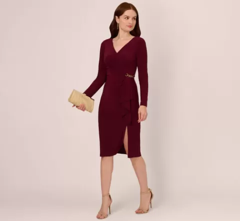 Adrianna Papell Long Sleeve Draped Jersey Dress With Chain Trim In Blackened Red BLACKENEDRED Best Sale