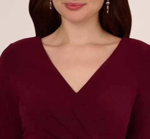 Adrianna Papell Long Sleeve Draped Jersey Dress With Chain Trim In Blackened Red BLACKENEDRED Best Sale