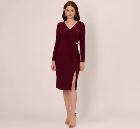 Adrianna Papell Long Sleeve Draped Jersey Dress With Chain Trim In Blackened Red BLACKENEDRED Best Sale