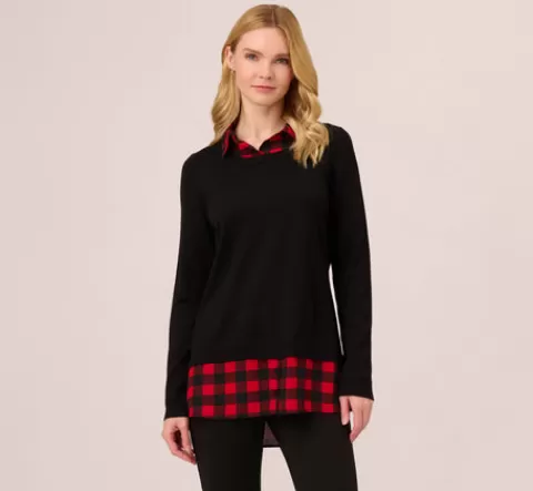 Adrianna Papell Long Sleeve Layered Sweater Top In Black W Red Buffalo Plaid BLACKW-REDBUFFALOPLAID Cheap