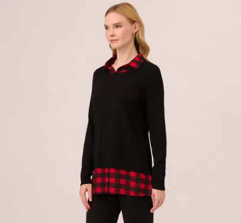 Adrianna Papell Long Sleeve Layered Sweater Top In Black W Red Buffalo Plaid BLACKW-REDBUFFALOPLAID Cheap