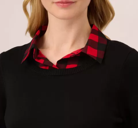 Adrianna Papell Long Sleeve Layered Sweater Top In Black W Red Buffalo Plaid BLACKW-REDBUFFALOPLAID Cheap