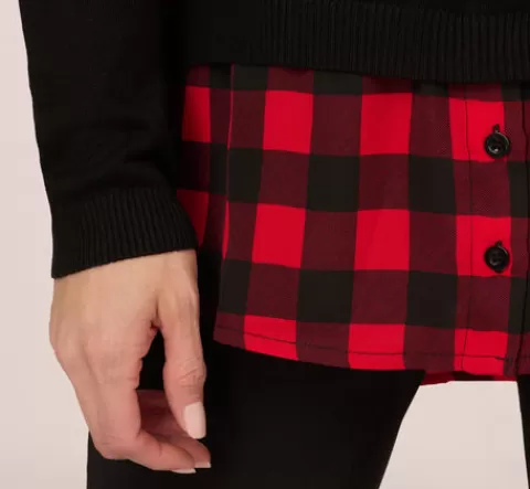 Adrianna Papell Long Sleeve Layered Sweater Top In Black W Red Buffalo Plaid BLACKW-REDBUFFALOPLAID Cheap
