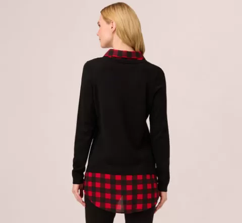 Adrianna Papell Long Sleeve Layered Sweater Top In Black W Red Buffalo Plaid BLACKW-REDBUFFALOPLAID Cheap