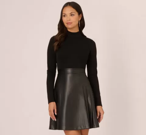 Adrianna Papell Long Sleeve Ponte Knit Dress With Faux Leather Skirt In BLACK Shop