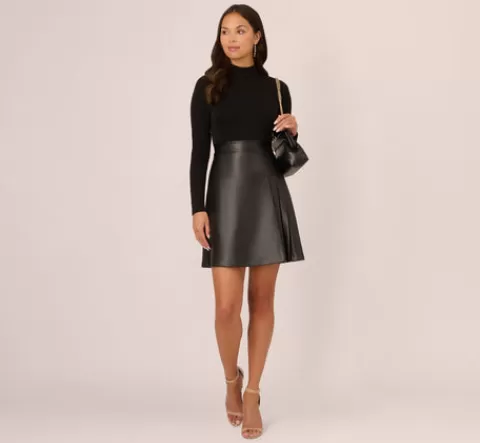 Adrianna Papell Long Sleeve Ponte Knit Dress With Faux Leather Skirt In BLACK Shop