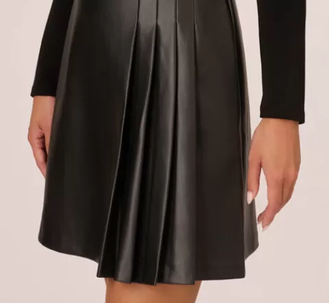 Adrianna Papell Long Sleeve Ponte Knit Dress With Faux Leather Skirt In BLACK Shop