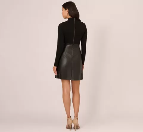 Adrianna Papell Long Sleeve Ponte Knit Dress With Faux Leather Skirt In BLACK Shop