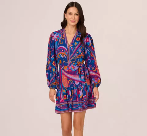 Adrianna Papell Long Sleeve Retro Printed A Line Dress In Blue Multi BLUEMULTI Shop