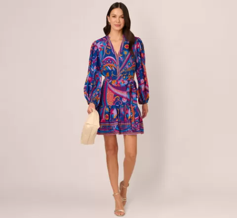 Adrianna Papell Long Sleeve Retro Printed A Line Dress In Blue Multi BLUEMULTI Shop