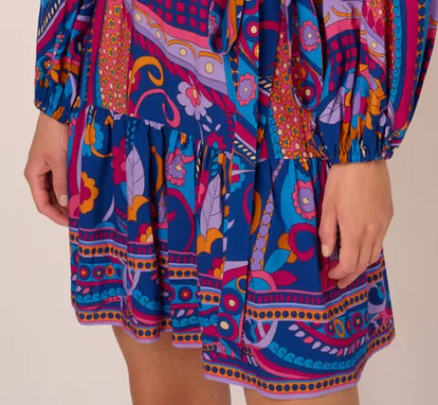 Adrianna Papell Long Sleeve Retro Printed A Line Dress In Blue Multi BLUEMULTI Shop