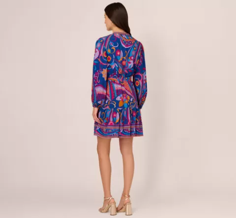 Adrianna Papell Long Sleeve Retro Printed A Line Dress In Blue Multi BLUEMULTI Shop