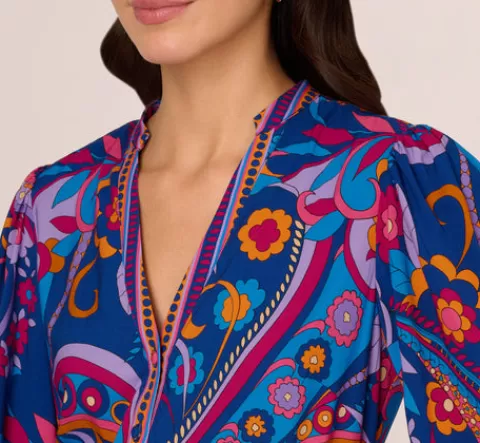 Adrianna Papell Long Sleeve Retro Printed A Line Dress In Blue Multi BLUEMULTI Shop