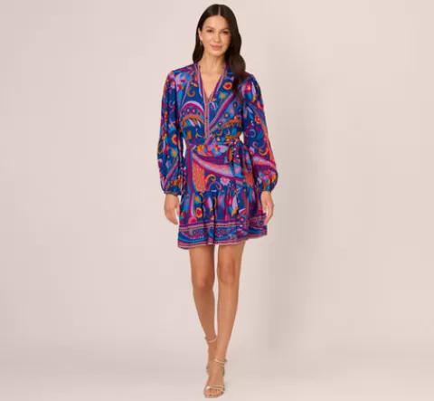 Adrianna Papell Long Sleeve Retro Printed A Line Dress In Blue Multi BLUEMULTI Shop