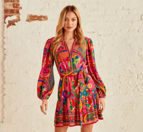 Adrianna Papell Long Sleeve Retro Printed A Line Dress In Pink Multi PINKMULTI Sale