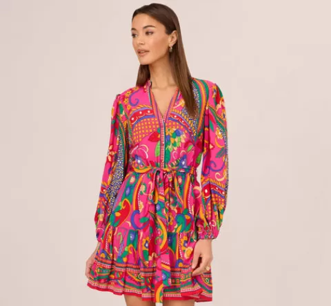 Adrianna Papell Long Sleeve Retro Printed A Line Dress In Pink Multi PINKMULTI Sale