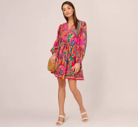Adrianna Papell Long Sleeve Retro Printed A Line Dress In Pink Multi PINKMULTI Sale