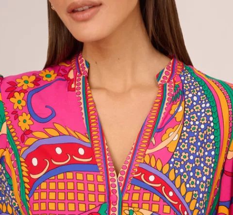 Adrianna Papell Long Sleeve Retro Printed A Line Dress In Pink Multi PINKMULTI Sale
