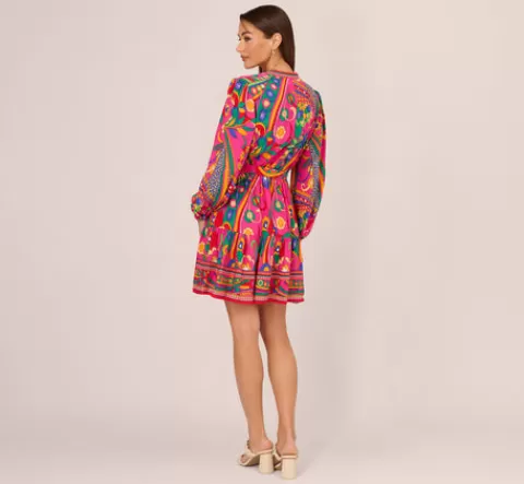 Adrianna Papell Long Sleeve Retro Printed A Line Dress In Pink Multi PINKMULTI Sale