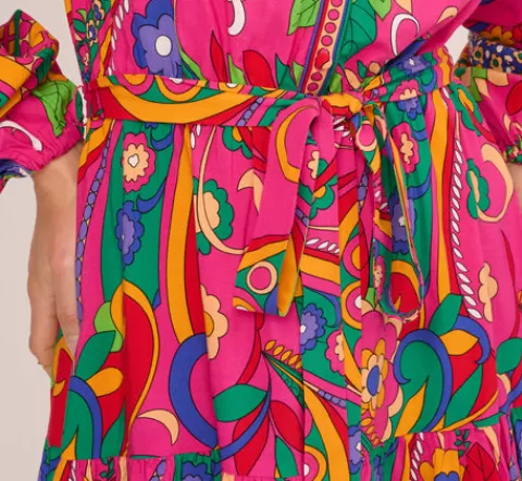Adrianna Papell Long Sleeve Retro Printed A Line Dress In Pink Multi PINKMULTI Sale