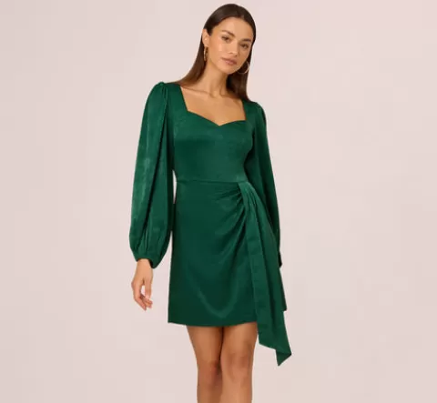 Adrianna Papell Long Sleeve Satin Dress With Draped Details In Dark Ivy DARKIVY Discount