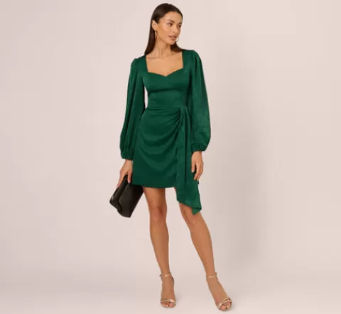 Adrianna Papell Long Sleeve Satin Dress With Draped Details In Dark Ivy DARKIVY Discount