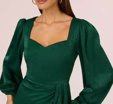 Adrianna Papell Long Sleeve Satin Dress With Draped Details In Dark Ivy DARKIVY Discount