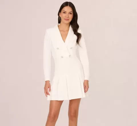 Adrianna Papell Long Sleeve Tuxedo Mini Dress With Crystal Button Accents In IVORY Fashion