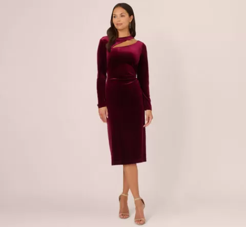 Adrianna Papell Long Sleeve Velvet Dress With Asymmetric Cutout Neckline In BURGUNDY Hot