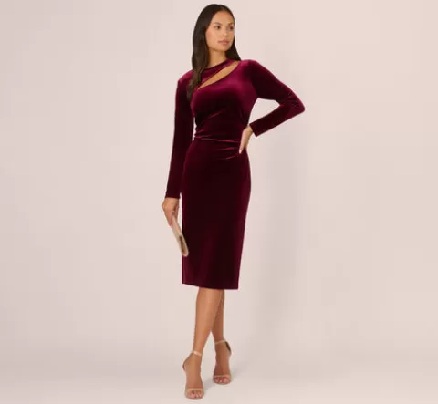 Adrianna Papell Long Sleeve Velvet Dress With Asymmetric Cutout Neckline In BURGUNDY Hot
