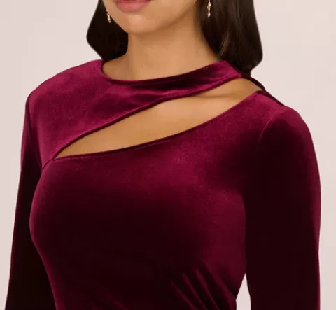 Adrianna Papell Long Sleeve Velvet Dress With Asymmetric Cutout Neckline In BURGUNDY Hot