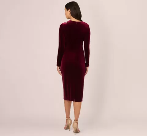 Adrianna Papell Long Sleeve Velvet Dress With Asymmetric Cutout Neckline In BURGUNDY Hot