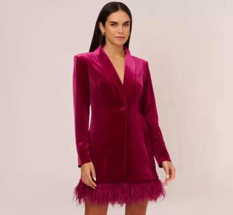 Adrianna Papell Long Sleeve Velvet Tuxedo Dress With Feather Hem In MAGENTA Discount