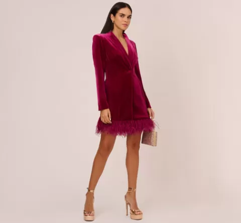 Adrianna Papell Long Sleeve Velvet Tuxedo Dress With Feather Hem In MAGENTA Discount