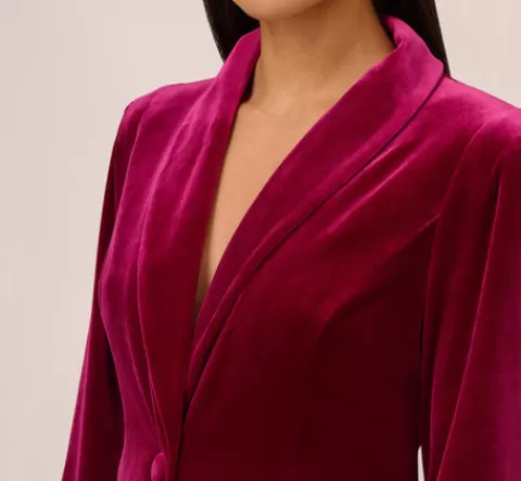 Adrianna Papell Long Sleeve Velvet Tuxedo Dress With Feather Hem In MAGENTA Discount