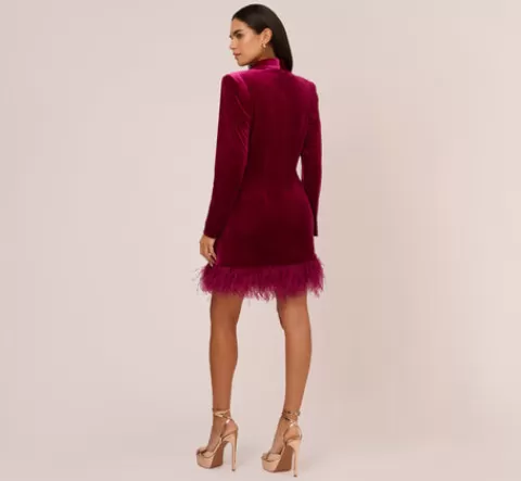 Adrianna Papell Long Sleeve Velvet Tuxedo Dress With Feather Hem In MAGENTA Discount