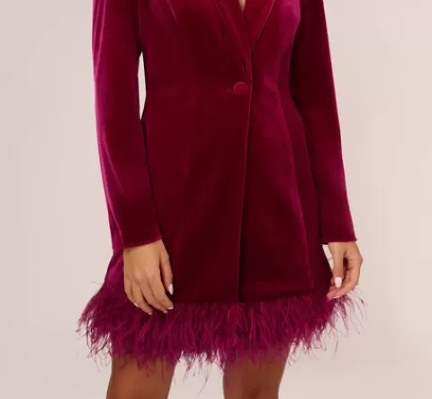 Adrianna Papell Long Sleeve Velvet Tuxedo Dress With Feather Hem In MAGENTA Discount
