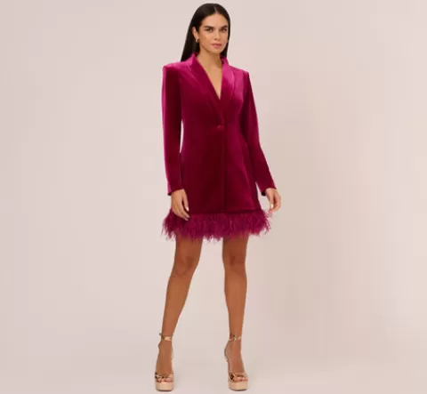Adrianna Papell Long Sleeve Velvet Tuxedo Dress With Feather Hem In MAGENTA Discount