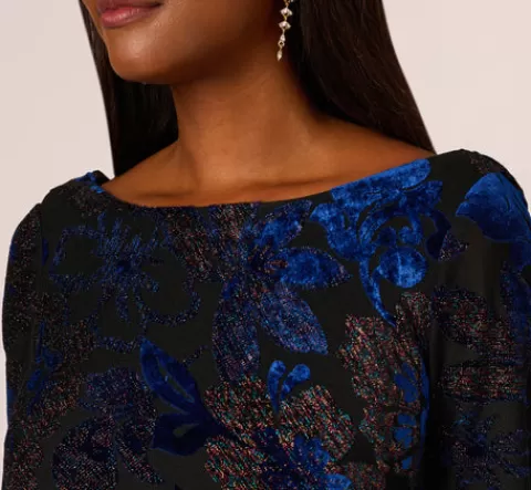 Adrianna Papell Metallic Burnout Velvet Dress With Shirred Details In Black Blue BLACK-BLUE Shop